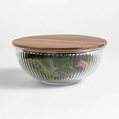 View Large Plisse Fluted Glass Bowl with Acacia Lid by Laura Kim details