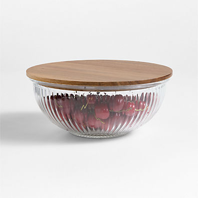 View Medium Plisse Fluted Glass Bowl with Acacia Lid by Laura Kim details