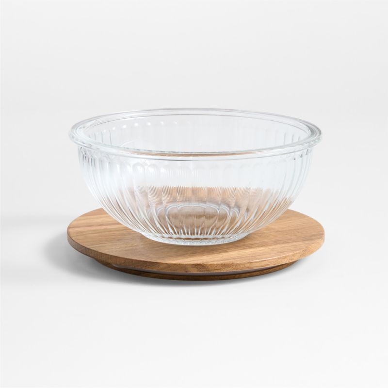 Plisse Fluted Glass Bowl with Acacia Lid by Laura Kim
