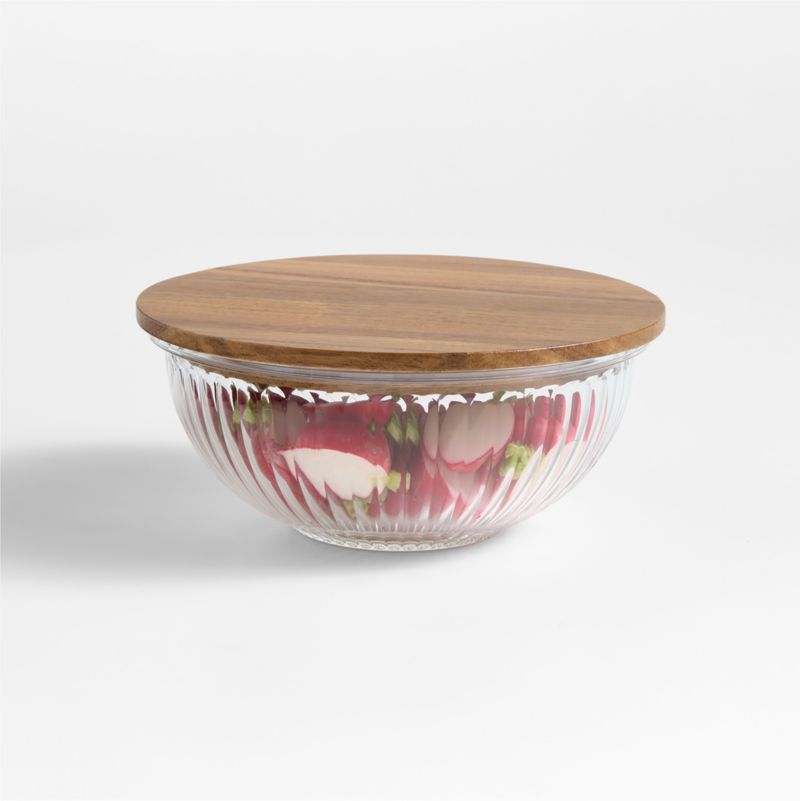 Plisse Fluted Glass Bowl with Acacia Lid by Laura Kim