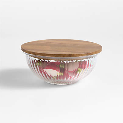 Small Plisse Fluted Glass Bowl with Acacia Lid by Laura Kim