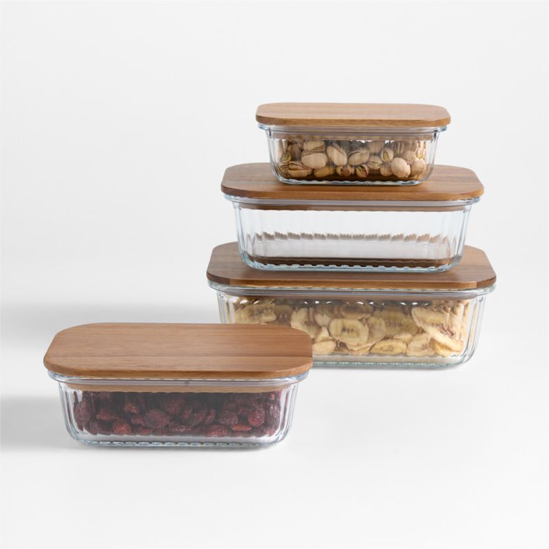 Plisse Glass Rectangular Storage Container with Wood Lid by Laura Kim