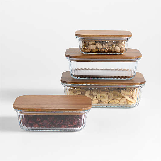 Small Plisse Glass Rectangular Storage Container with Wood Lid by Laura Kim