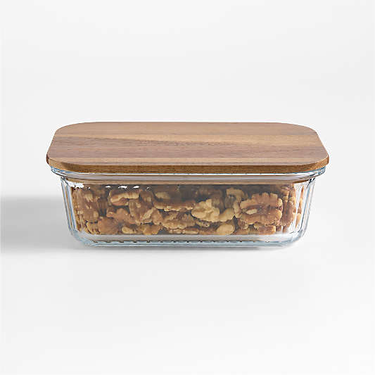 Large Plisse Glass Rectangular Storage Container with Wood Lid by Laura Kim