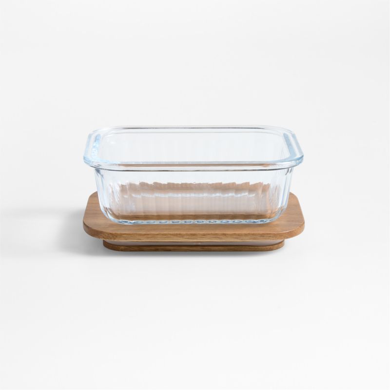 Plisse Glass Rectangular Storage Container with Wood Lid by Laura Kim
