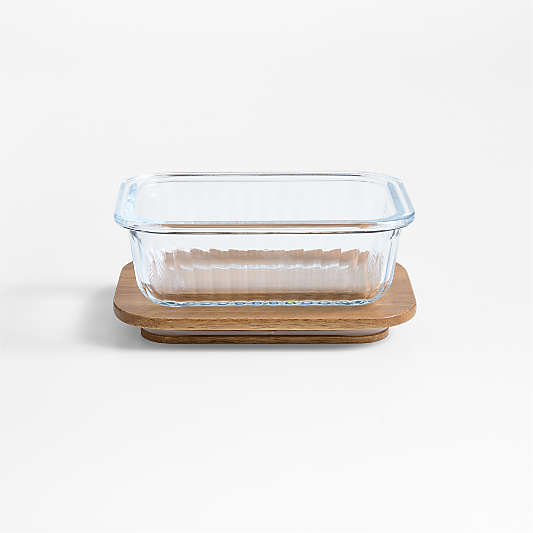 Small Plisse Glass Rectangular Storage Container with Wood Lid by Laura Kim