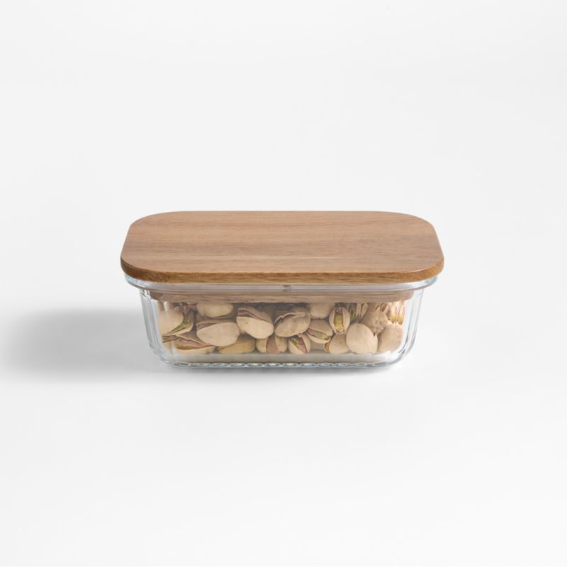 Plisse Glass Rectangular Storage Container with Wood Lid by Laura Kim