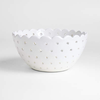 Large White Scallop Eyelet Stoneware Colander by Laura Kim