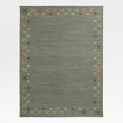 Broderie Kilim Green Wool and Cotton Kids Area Rug by Sharland England