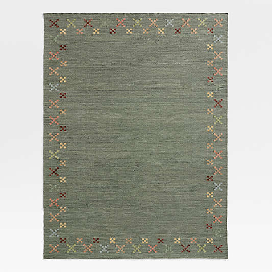 Broderie Kilim Green Wool and Cotton Kids Area Rug 6x9 by Sharland England