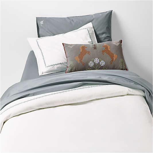 Evelyn Cozy Cloud Pampas Ivory and Blue Cross Stitch Kids Twin Duvet Cover By Sharland England