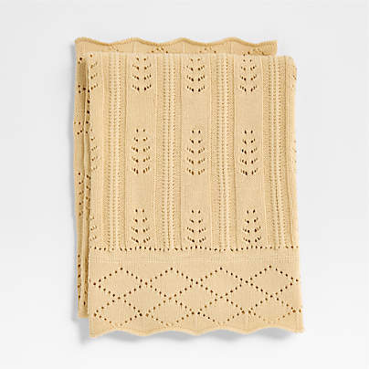 Ferne Pointelle Lambs Wood Yellow Organic Cotton Baby Stroller Blanket by Sharland England