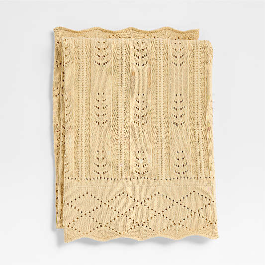 Ferne Pointelle Lambs Wood Yellow Organic Cotton Baby Stroller Blanket by Sharland England