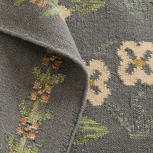Tansie Floral Kilim Navy Blue Wool and Cotton Kids Area Rug by Sharland England