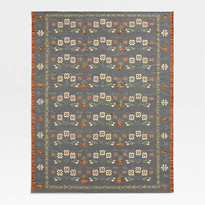 Tansie Floral Kilim Navy Blue Wool and Cotton Kids Area Rug 8x10 by Sharland England