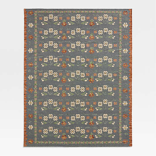 Tansie Floral Kilim Navy Blue Wool and Cotton Kids Area Rug 6x9 by Sharland England