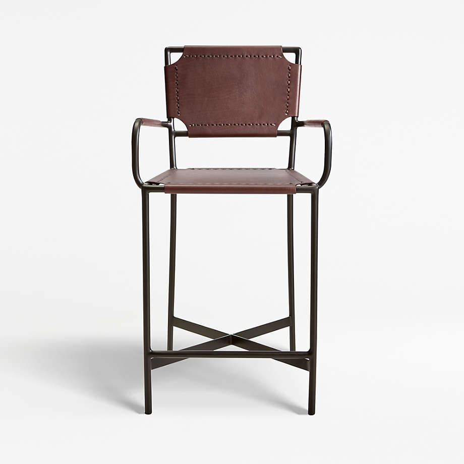 Laredo Brown Leather Counter Stool, Leather Counter Stools With Arms
