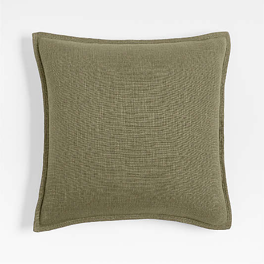 Organic Laundered Linen 20"x20" Garden Green Throw Pillow with Feather Insert