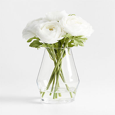 View White Ranunculus Faux Floral Arrangement in Laurel Glass Vase details