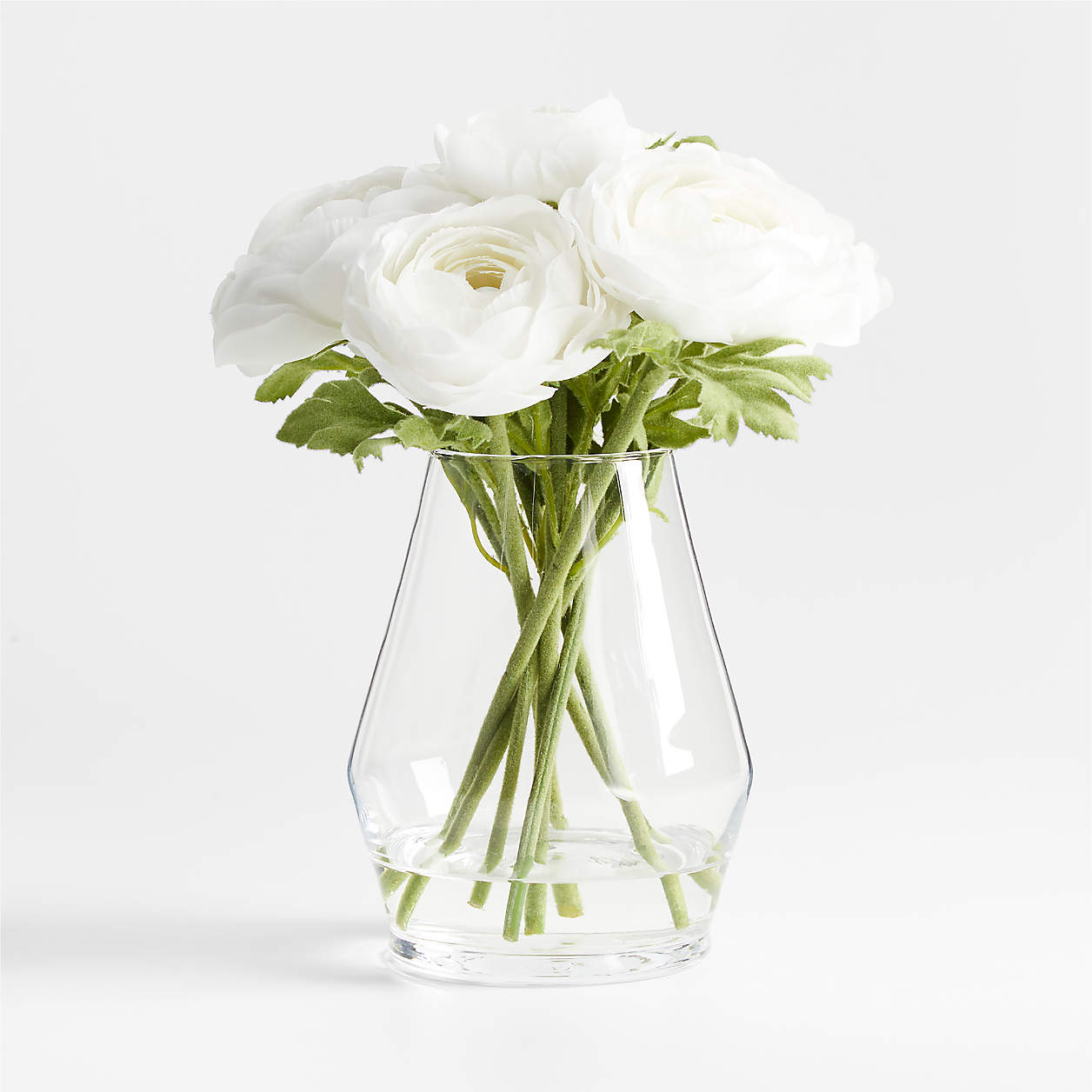 White Ranunculus Faux Floral Arrangement in Laurel Glass Vase Crate