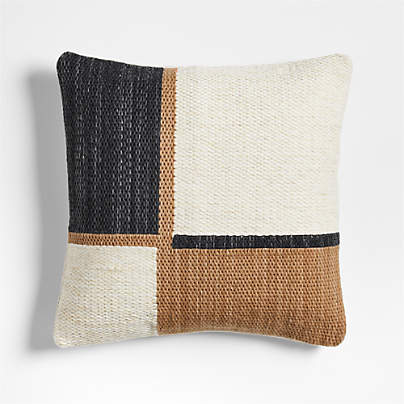 Lazio Woven Kilim Colorblock 20''x20 Ink Black and Brulee Brown Throw Pillow with Feather Insert