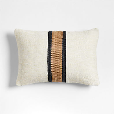 View Lazio Woven Kilim Stripe 22"x15" Ink Black and Brulee Brown Throw Pillow with Down-Alternative Insert details