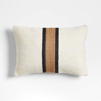 Lazio Woven Kilim Stripe 22x15 Ink Black and Brulee Brown Throw Pillow with Feather Insert