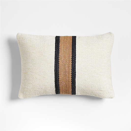 Lazio Woven Kilim Stripe 22"x15" Ink Black and Brulee Brown Throw Pillow with Feather Insert