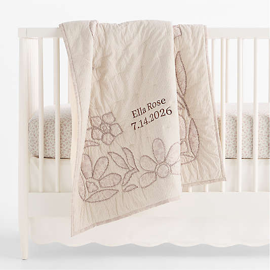 Lucille Floral Applique Hushed Violet 100% Organic Cotton Baby Crib Quilt