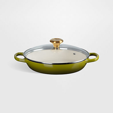 View Le Creuset ® 2.25-Qt. Olive Enameled Cast Iron Braiser with Glass Lid details