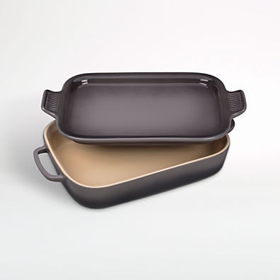 View Le Creuset ® Rectangular Oyster Grey Ceramic Baking Dish with Platter Lid details