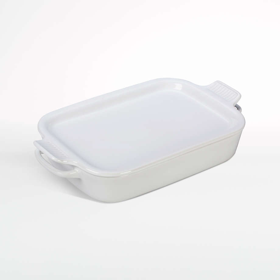 Le Creuset Rectangular White Stoneware Ceramic Baking Dish with Platter Lid