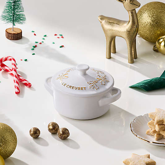 Le Creuset ® 8-oz. White Holly Stoneware Mini Round Cocotte with Gold Knob