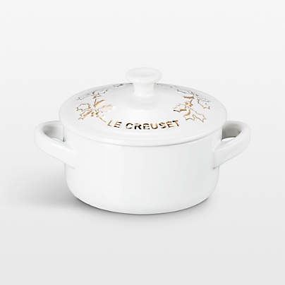 Le Creuset ® 8-oz. White Holly Stoneware Mini Round Cocotte with Gold Knob