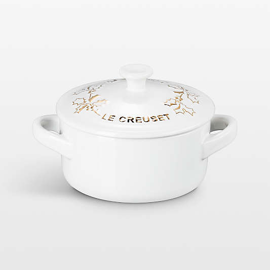 Le Creuset ® 8-oz. White Holly Stoneware Mini Round Cocotte with Gold Knob