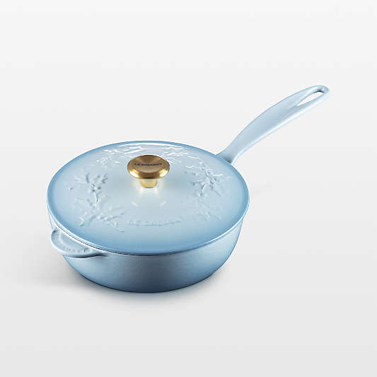 Le Creuset ® 2.25-Qt. Traditional Holly Coastal Blue Round Saucier with Gold Knob