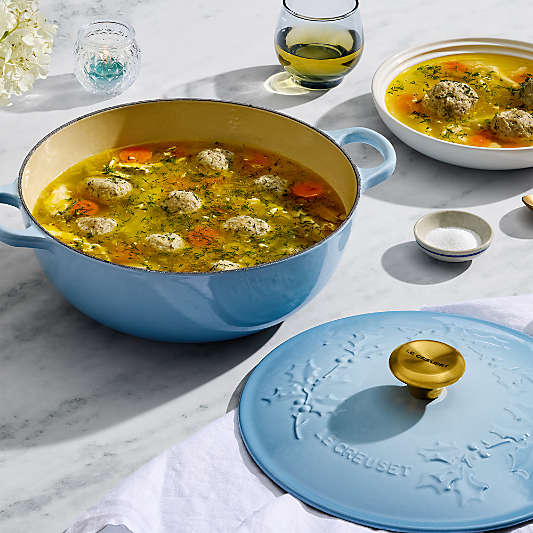 Le Creuset ® 4.5-Qt. Traditional Holly Coastal Blue Round Dutch Oven with Gold Knob
