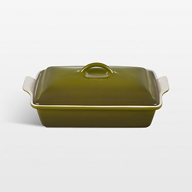 View Le Creuset ® Heritage 4-Qt. Olive Ceramic Rectangular Baking Dish with Lid details