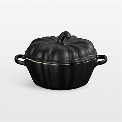 View Le Creuset Licorice 12-oz. Figural Pumpkin Stoneware Mini Cocotte details