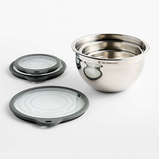 Le Creuset Stainless Steel Mixing Bowls with Glass Lids, Set of 3