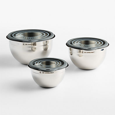 View Le Creuset Stainless Steel Mixing Bowls with Glass Lids, Set of 3 details
