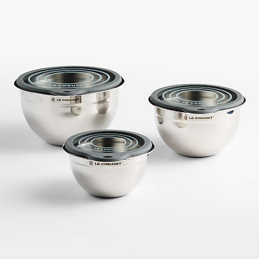 Le Creuset Stainless Steel Mixing Bowls with Glass Lids, Set of 3