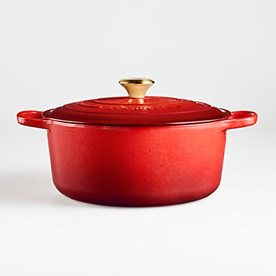 View Le Creuset ® Signature 7.25-Qt. Cerise Red Enameled Cast Iron Dutch Oven with Gold Knob details