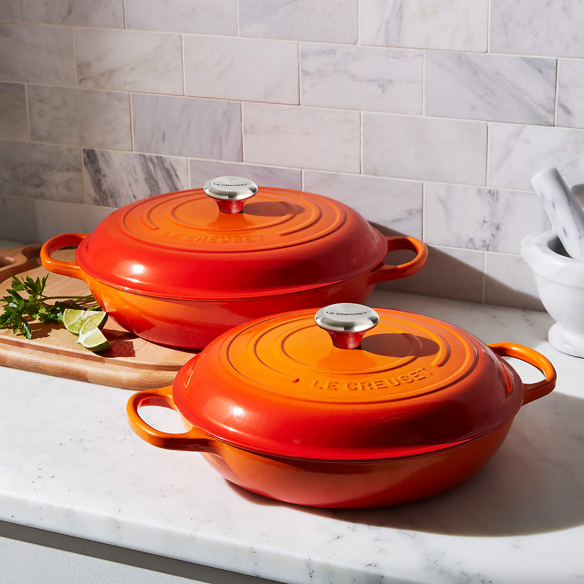 Le Creuset Signature Round Flame Orange Enameled Cast Iron Braisers Everyday Pans | Crate &