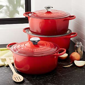 Sold at Auction: Trio of Le Creuset Sauce Pans and Heart Shaped Dutch Oven  in Cerise Red