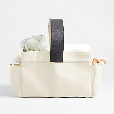 View Canvas Diaper Caddy Organizer with Black Leather Handle details