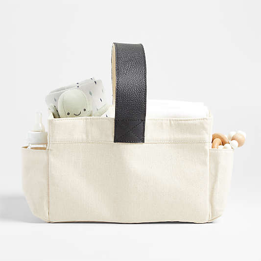 Canvas Diaper Caddy Organizer with Black Leather Handle