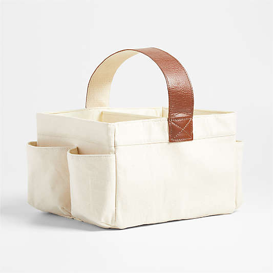 Canvas Diaper Caddy Organizer with Brown Leather Handle