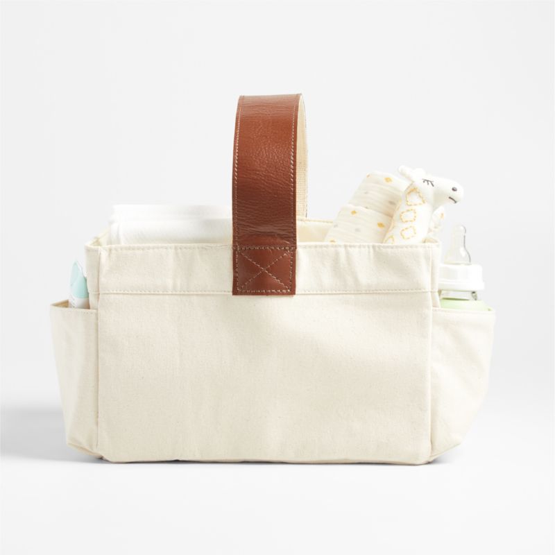 Canvas Diaper Caddy Organizer with Brown Leather Handle