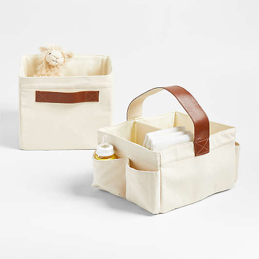 Canvas Diaper Caddy Organizer with Brown Leather Handle